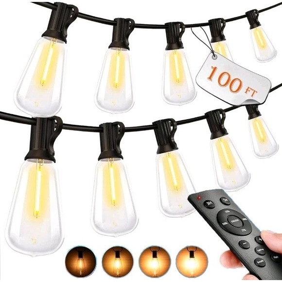 100Ft 37 Bulb Outside Waterproof Light with Remote Dimmable ST38 Shatterproof - Picture 1 of 6